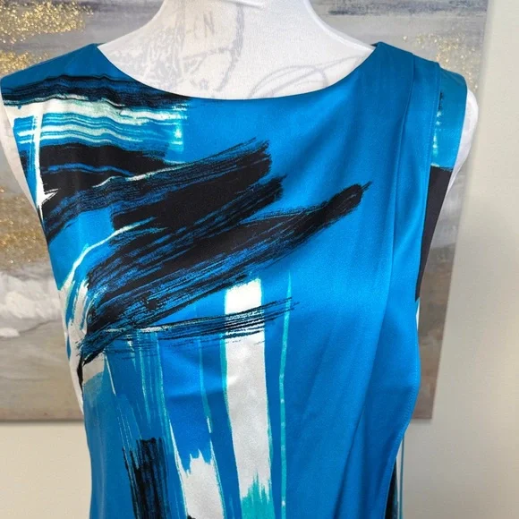 ST JOHN Brushstroke Stretch Silk Charmeuse Draped Cyan/Black Dress, Size 2 - Picture 4 of 16